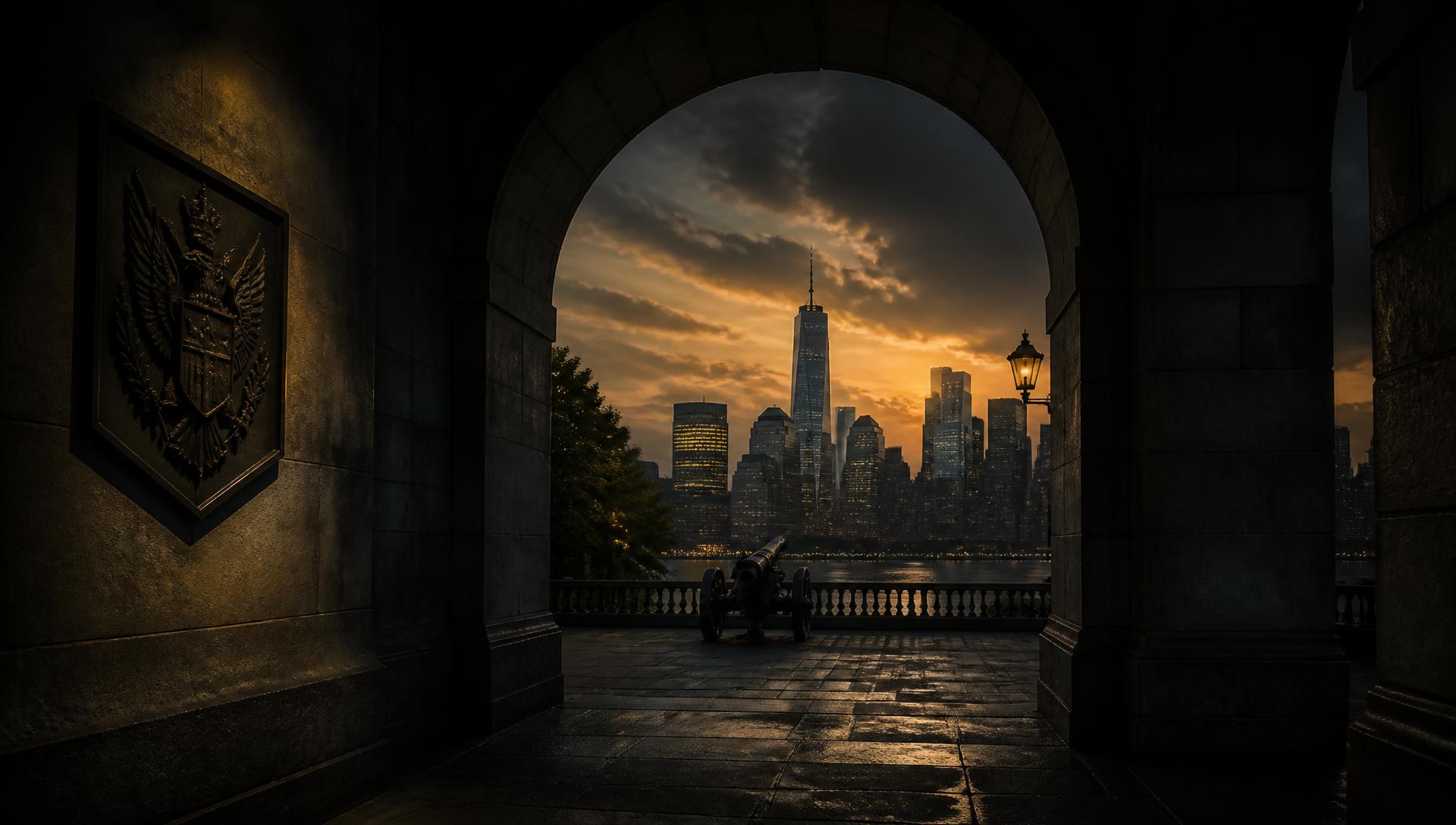 Manhattan skyline at dusk framed by a stone archway